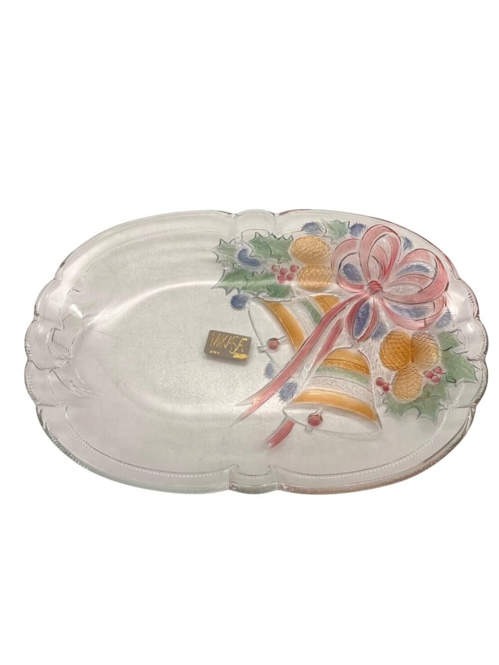 Mikasa Christmas Bells Embossed Glass Serving Tray 10"x7" Festive Pinecone Holly